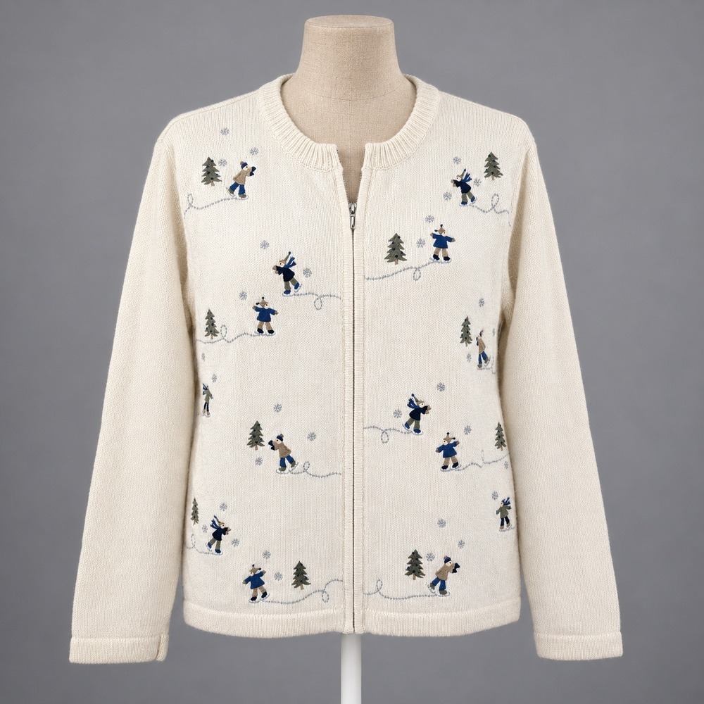 Vintage Embroidered Ice Skating Zip Cardigan Size M White Winter Cottage Novelty